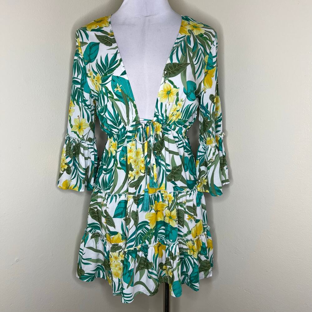 Blue Island Mini Dress Small Floral Tropical Plunge Hawaiian Bell Sleeve Resort